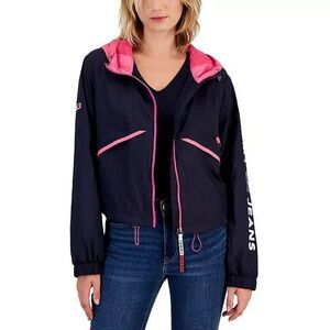 Tommy Jeans Women's Hooded Zip-Front Windbreaker Jacket With Pockets Navy /Pink